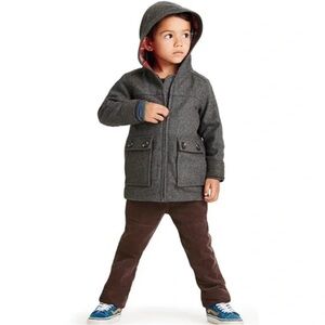 TEA Collection Wool Jacket Boys Cotton Lined Full Zip Hood Pockets charcoal EUC
